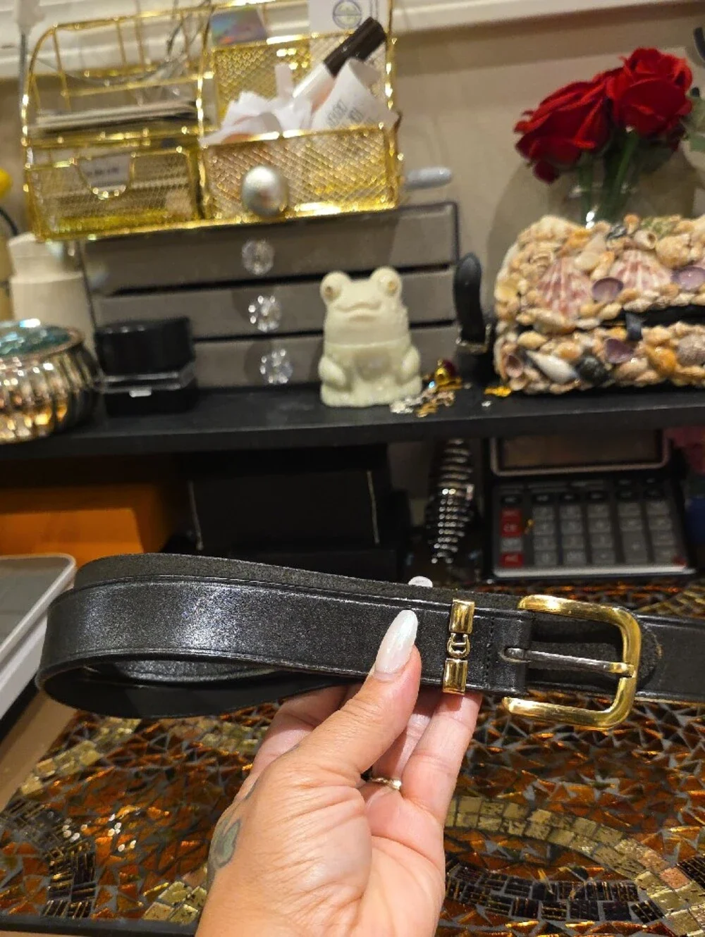 Etienne Aigner Black Leather Belt with Gold Hardware